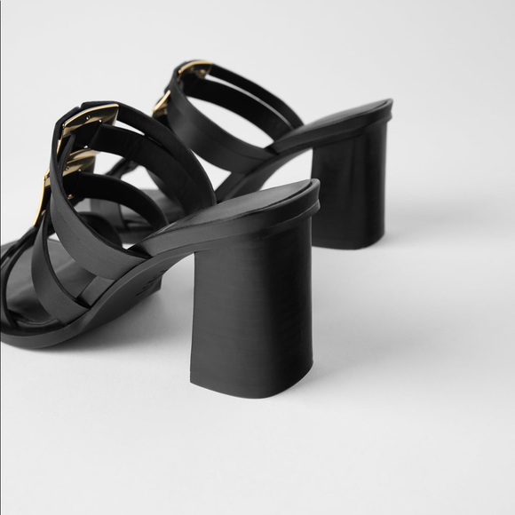 ZARA METAL TRIM LEATHER HEELED SANDALS SIZE 9 - Picture 2 of 5
